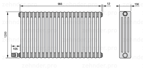 Схема (чертеж) Радиатор Zehnder Charleston 4120/21 №V003 Белый глянцевый RAL 9016